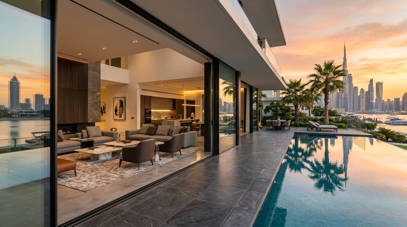 Villa living room with panoramic aluminium and glass sliding doors overlooking a pool and the Dubai skyline