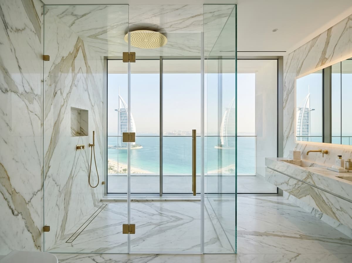 Frameless glass shower enclosure with gold hardware in a marble bathroom